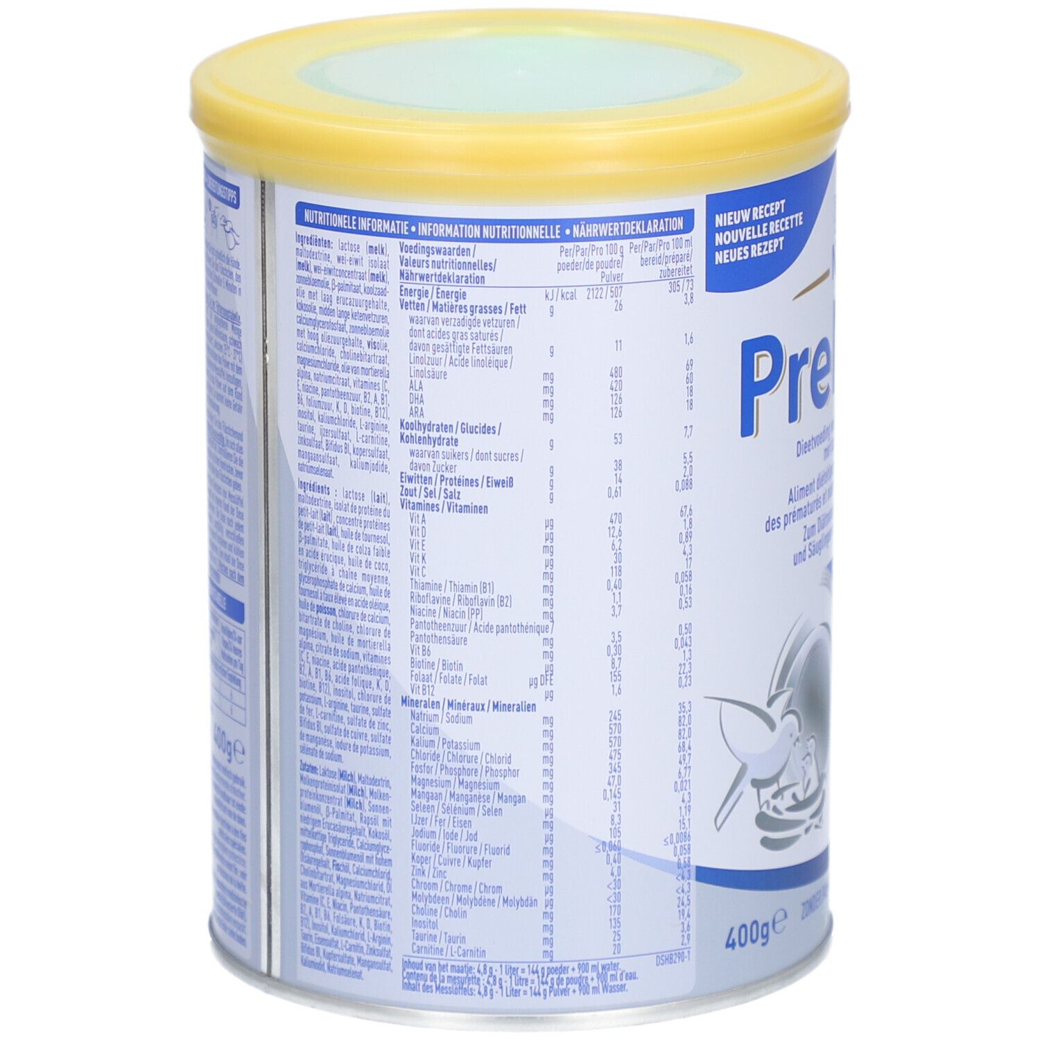 Dos de la boîte Pre NAN Stage 2. Informations nutritionnelles et liste des ingrédients. Boîte avec couvercle jaune.