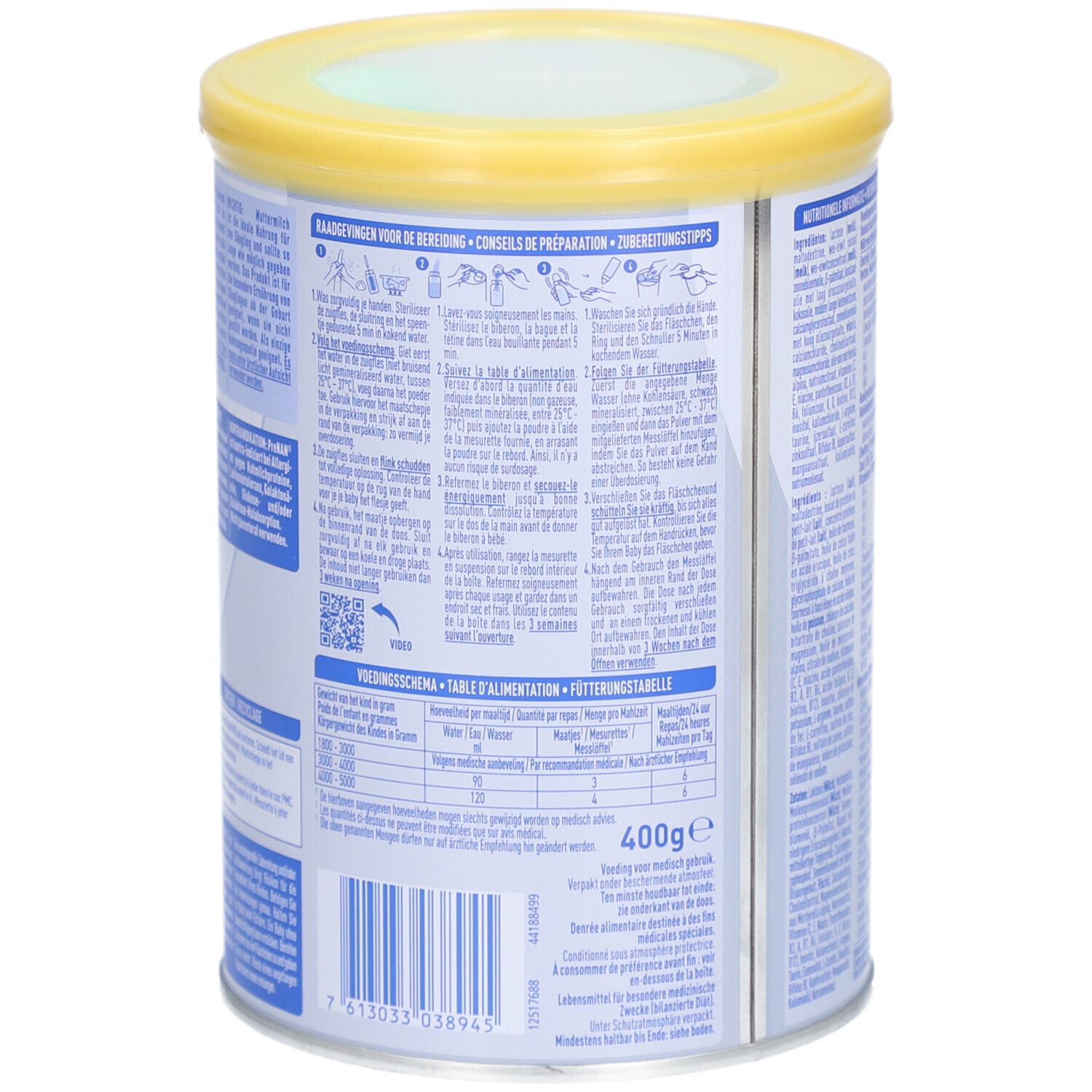 Dos de la boîte Pre NAN Stage 2. Instructions de préparation et tableau d'alimentation. Boîte avec couvercle jaune.