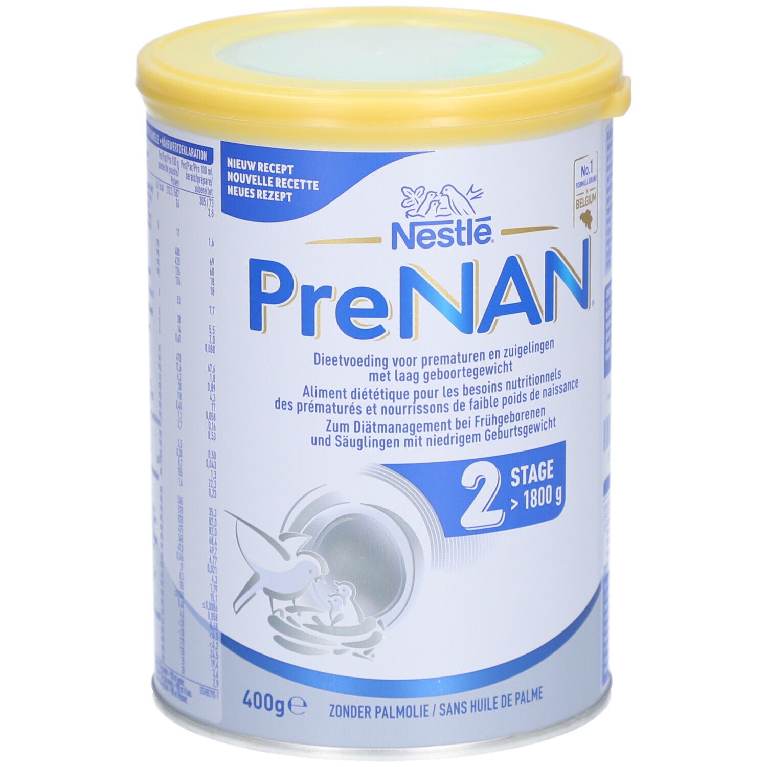 Boîte de Pre NAN Stage 2. Aliment diététique pour prématurés. Boîte avec couvercle jaune, inscriptions bleues et blanches.