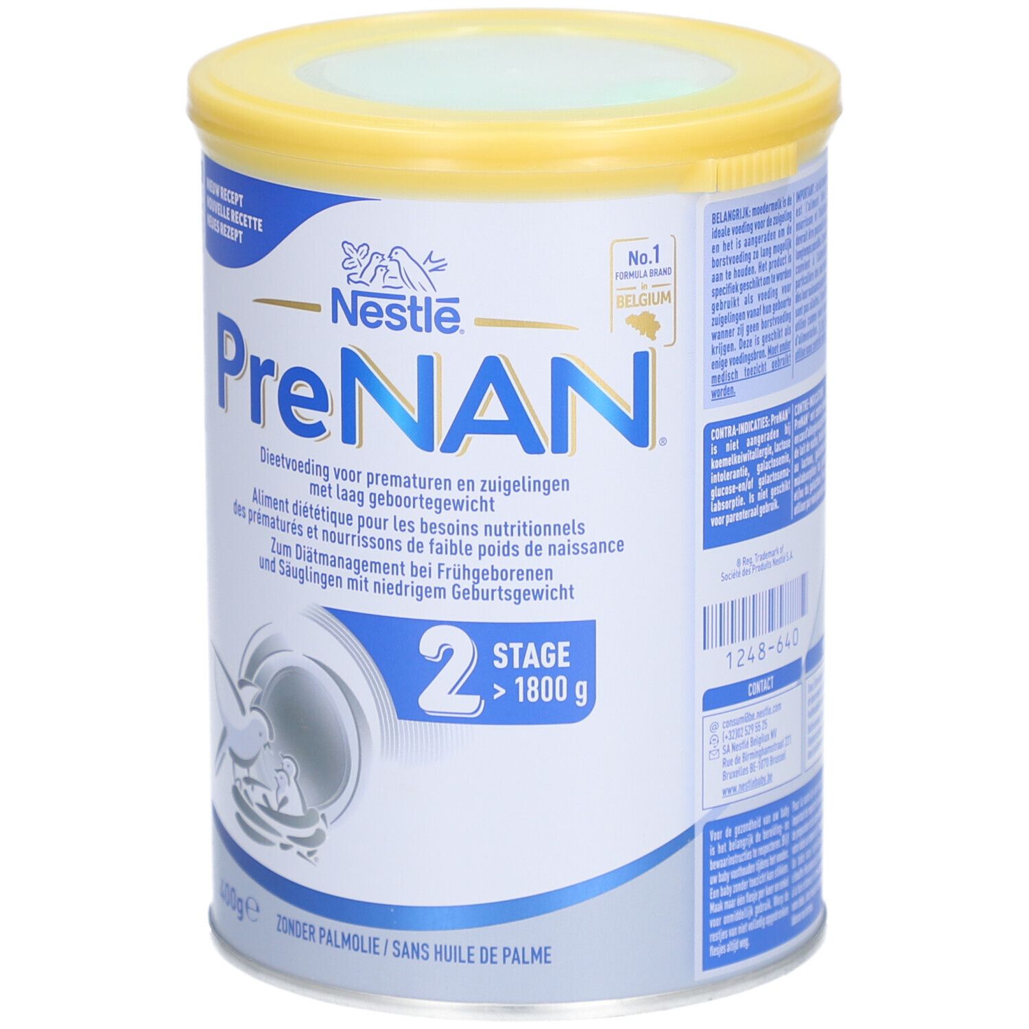 Boîte de Pre NAN Stage 2. Aliment diététique pour prématurés. Boîte avec couvercle jaune, inscriptions bleues et blanches.