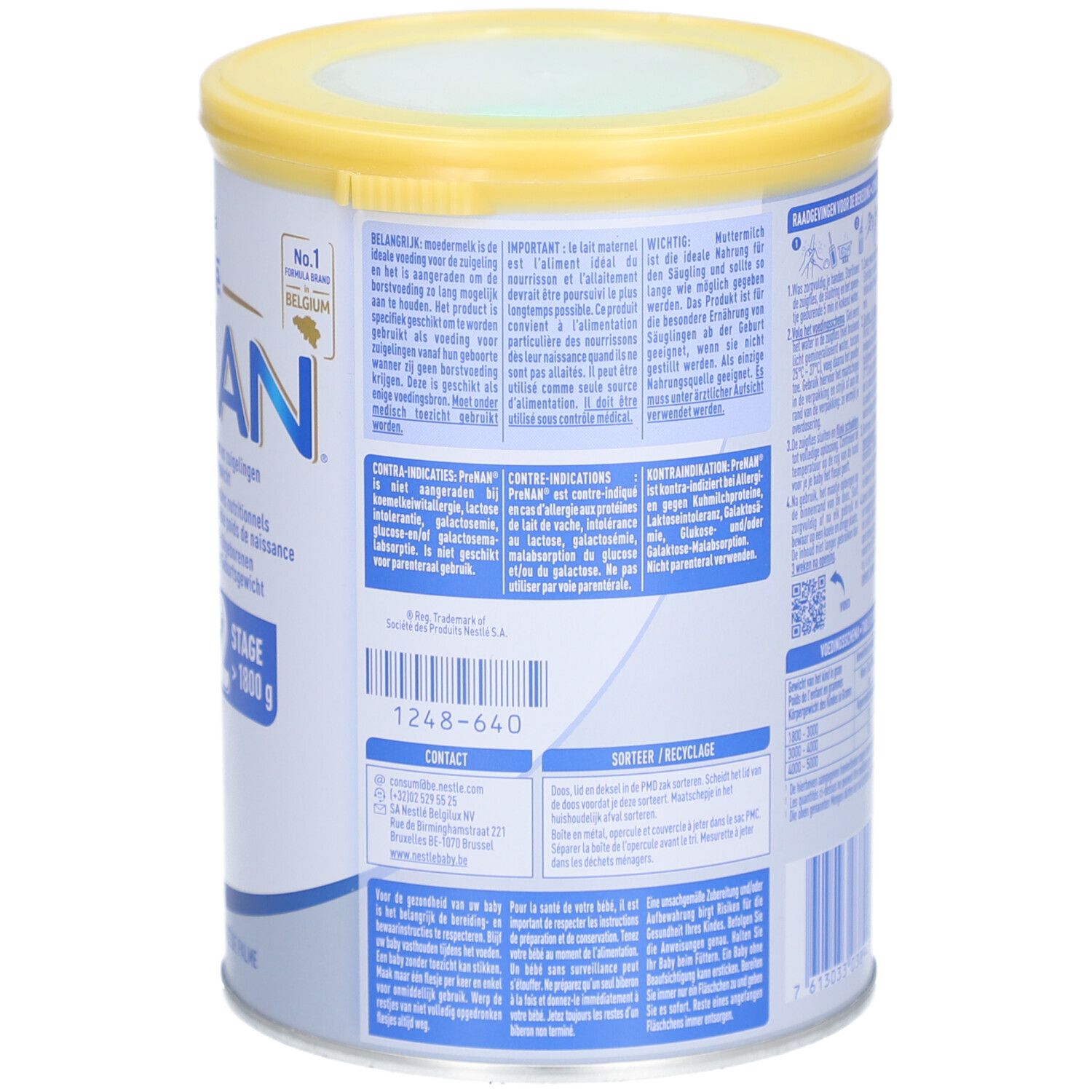 Dos de la boîte Pre NAN Stage 2. Contre-indications et coordonnées. Boîte avec couvercle jaune, inscriptions bleues et blanches.