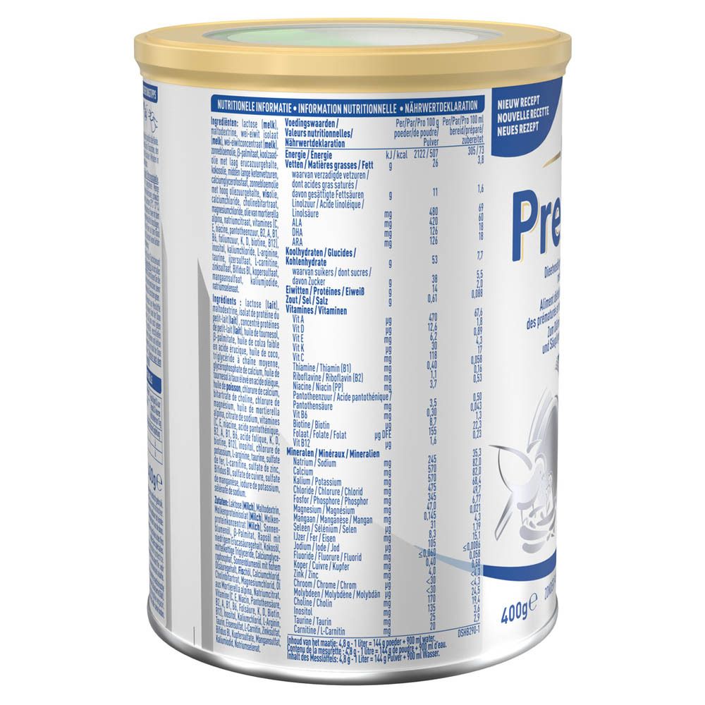 Dos de la boîte Pre NAN Stage 2. Informations nutritionnelles et liste des ingrédients. Boîte avec couvercle jaune.