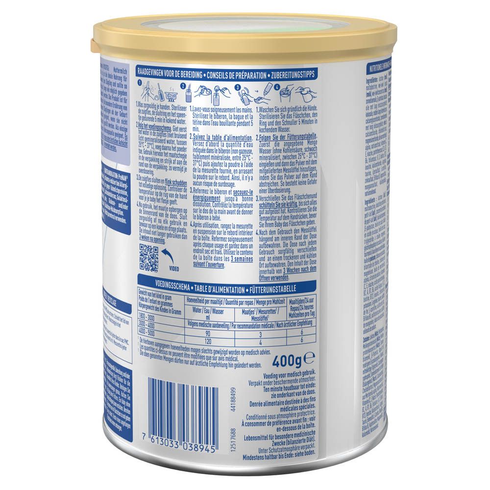 Dos de la boîte Pre NAN Stage 2. Instructions de préparation et tableau d'alimentation. Boîte avec couvercle jaune.