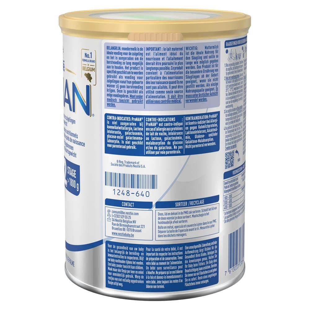 Dos de la boîte Pre NAN Stage 2. Contre-indications et coordonnées. Boîte avec couvercle jaune, inscriptions bleues et blanches.