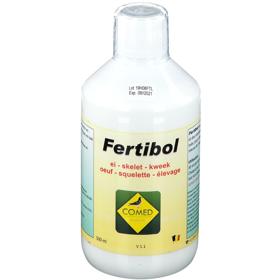 Bottiglia bianca con etichetta Fertibol. Logo COMED. Testo: ei - skelet - kweek - oeuf - squelette - élevage. 500 ml.
