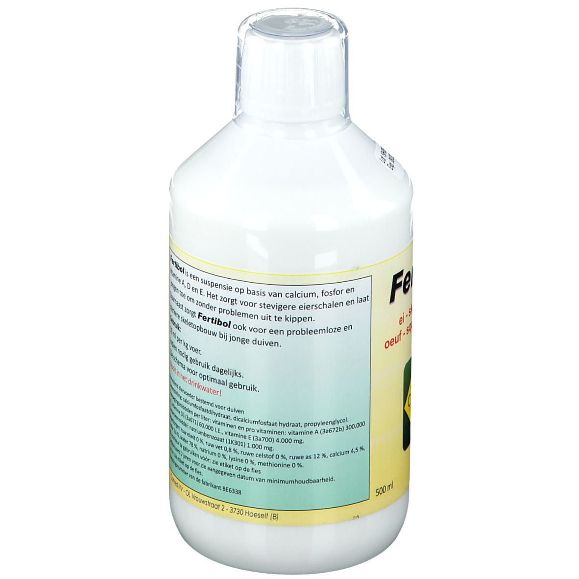 Bottiglia bianca con etichetta. Testo: Fertibol, una sospensione a base di calcio, fosforo e vitamine. Istruzioni per l'uso.