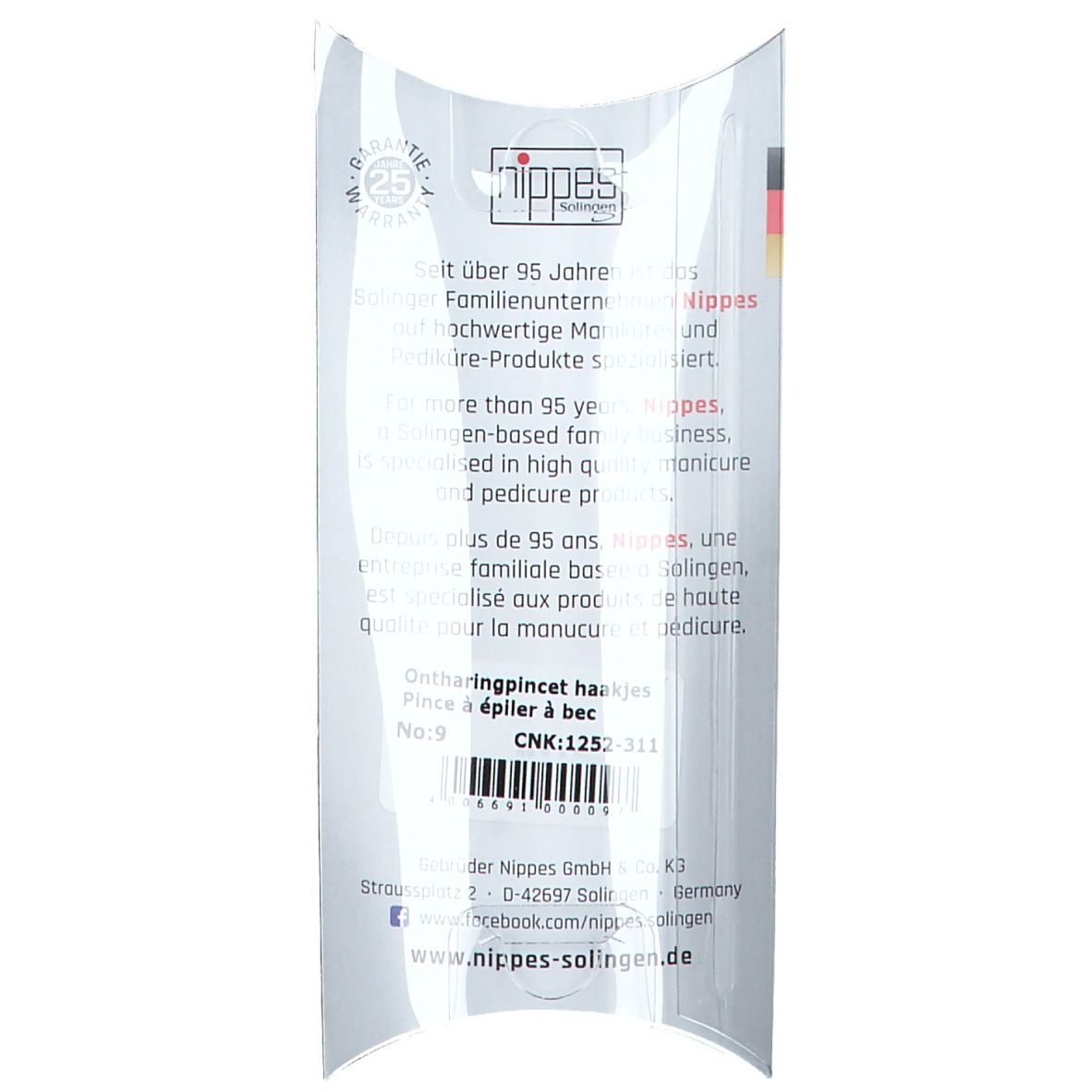 Rückseite der Verpackung. Text und Logo Nippes. Made in Germany. Produktbezeichnung: Broit-Pinzette, Nr. 9.