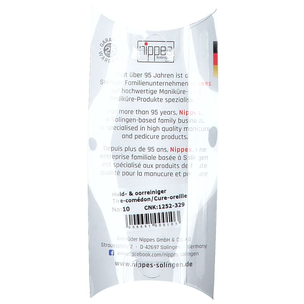 Rückseite der Verpackung mit Text. Produktname, Text in Deutsch, Französisch und Englisch, sowie Kontaktinformationen.