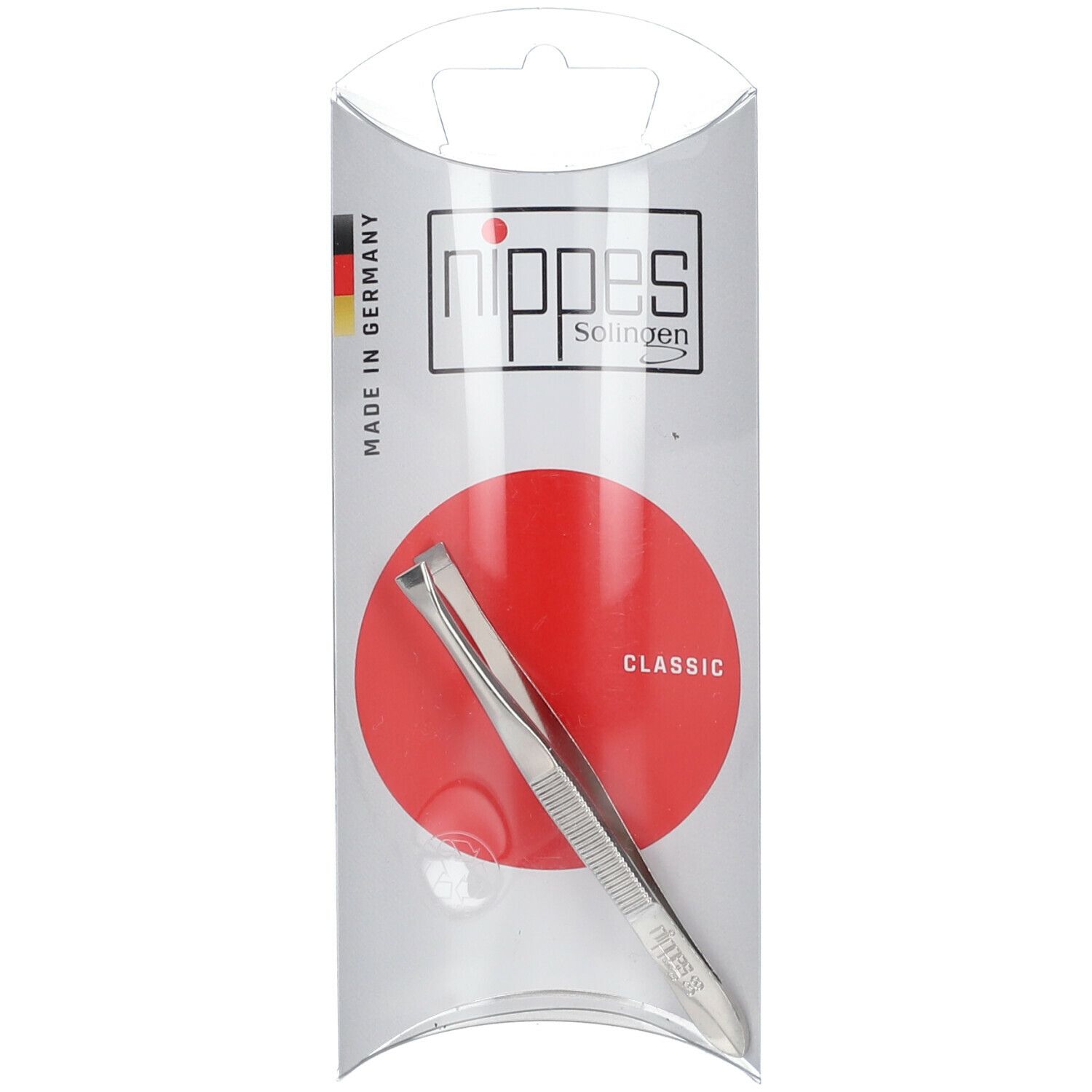 Pinzette gerade, 8 cm, in transparenter Verpackung. Roter Kreis mit "CLASSIC"-Schriftzug. Marke: nippes Solingen.