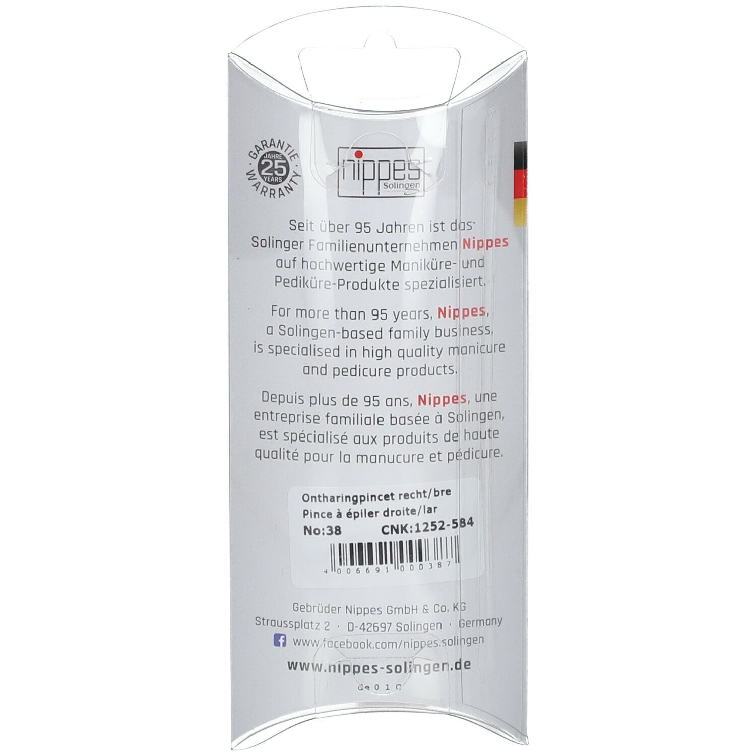Rückseite der Verpackung. Text und Logo von nippes Solingen. Garantie-Siegel. Flagge Deutschland. Produktbezeichnung: Pinzette.