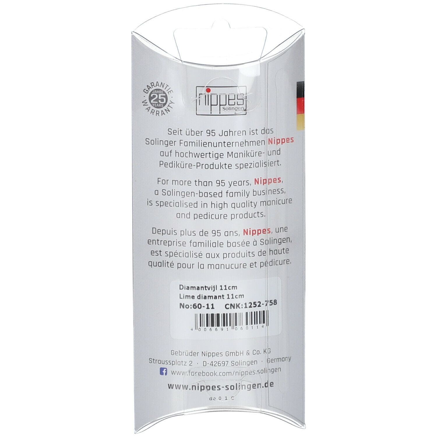 Dos de l'emballage. Texte avec informations sur le produit et la marque Nippes. Logo de garantie. Drapeau allemand.