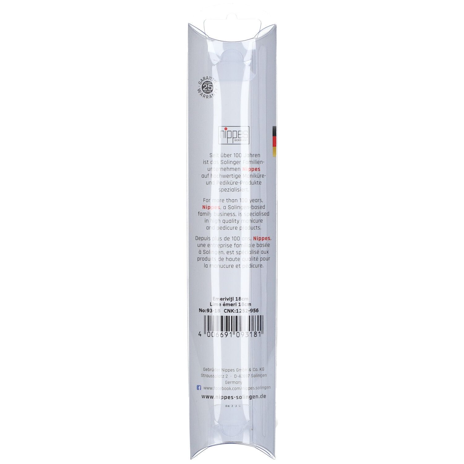 Rückseite der Nagelfeilenverpackung. Text, Logo, Barcode, Deutschlandflagge.