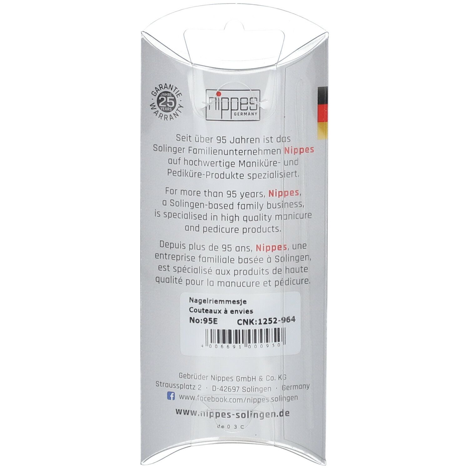 Achterkant van de verpakking. Tekst in het Duits, Engels en Frans. Merklogo, garantiezegel, productnaam.