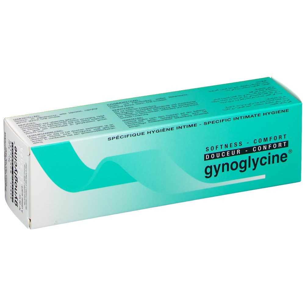 Boîte gynoglycine®. Design turquoise et blanc. Texte : Hygiène intime spécifique, douceur, confort. Inscription du nom de la marque.