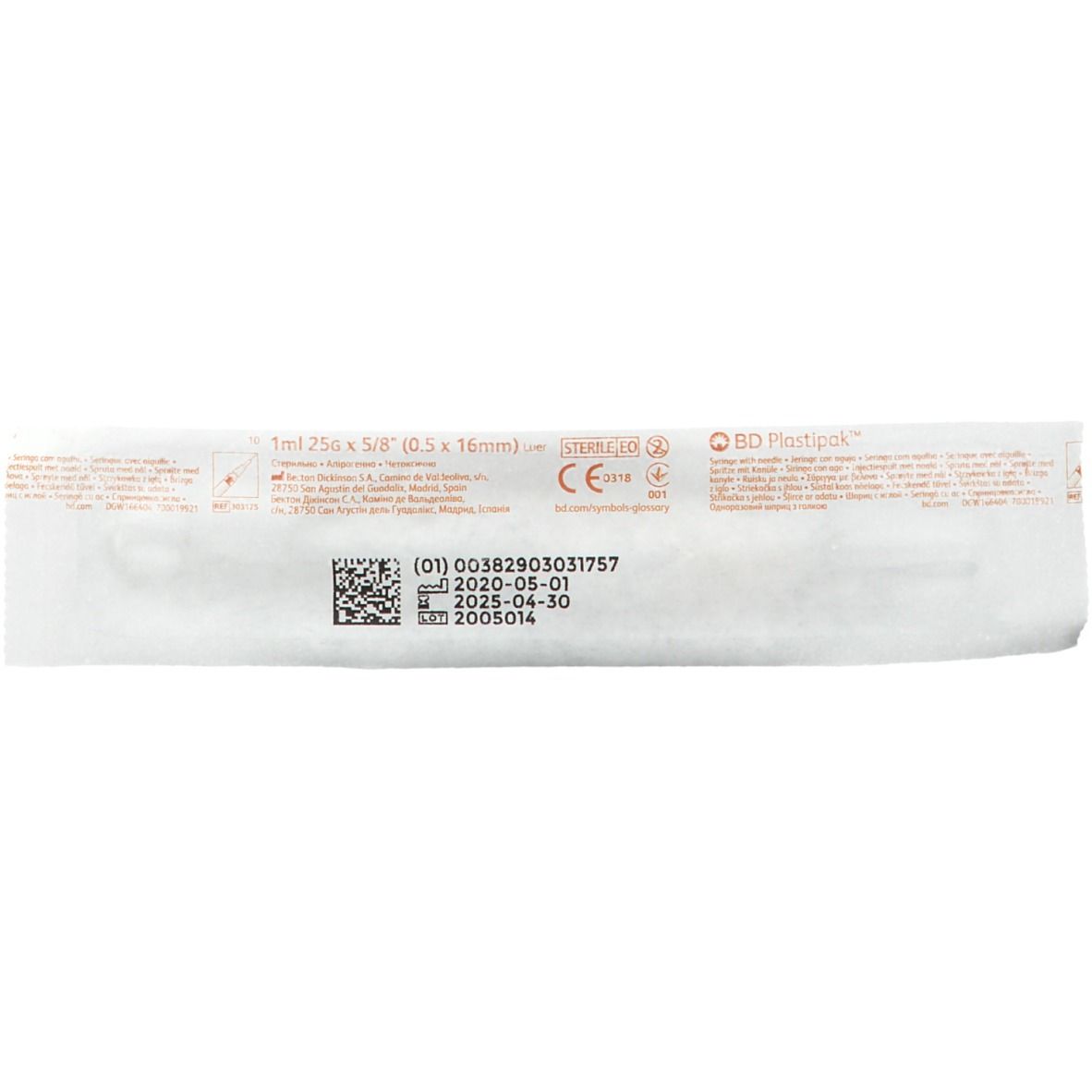 Emballage avec informations produit. Inscription: 1ml 25G 5/8 (0,5 x 16mm). Marque BD Plastipak. Stérile.