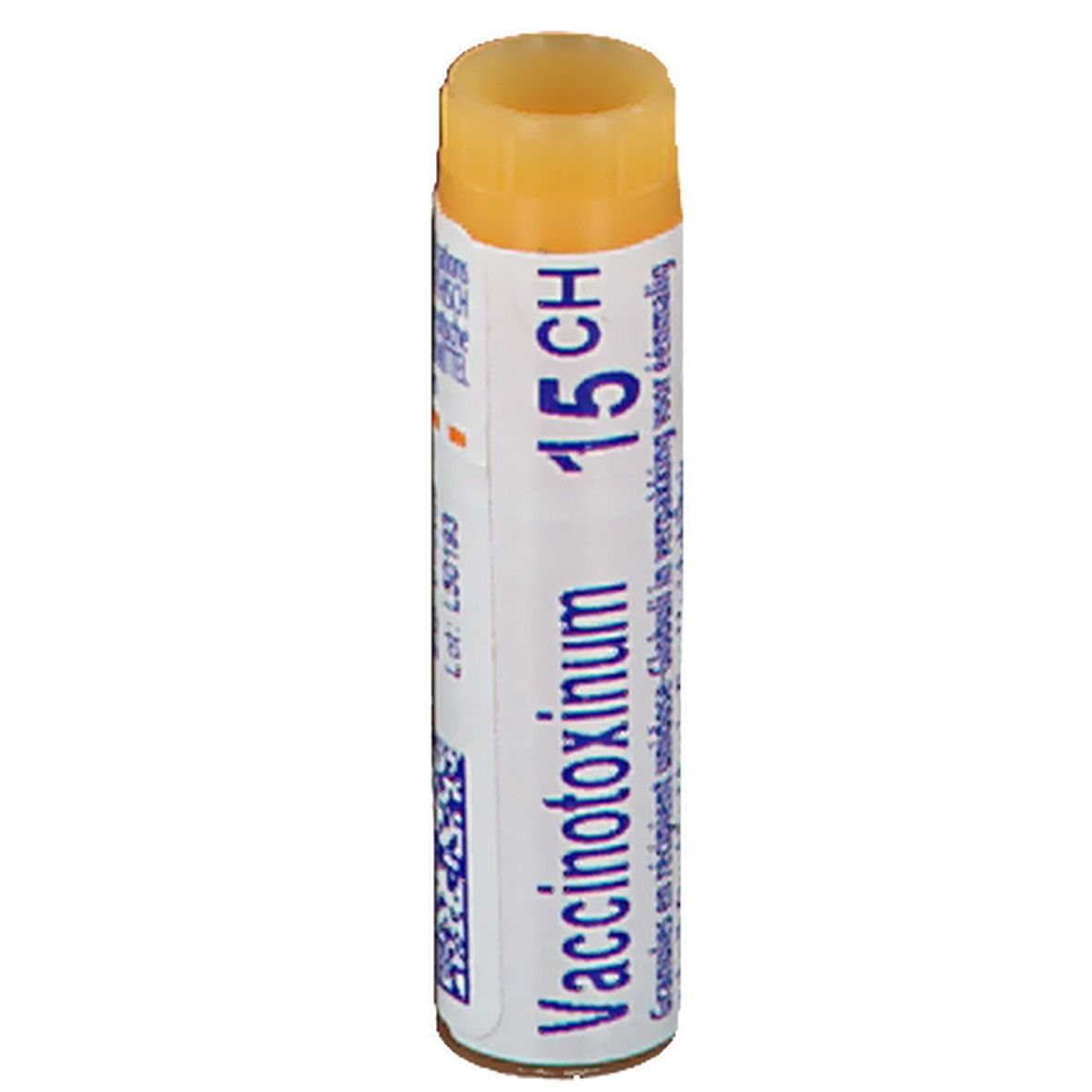 Tube cylindrique avec bouchon jaune. Inscription: Vaccinotoxinum 15 CH.
