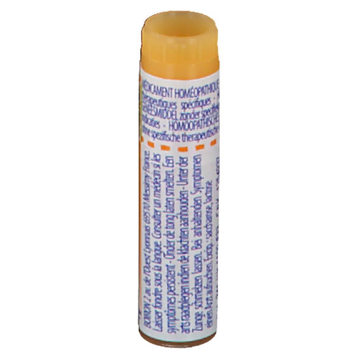 Tube cylindrique avec bouchon jaune. Texte: MEDICAMENT HOMEOPATHIQUE. Adresse de Boiron.