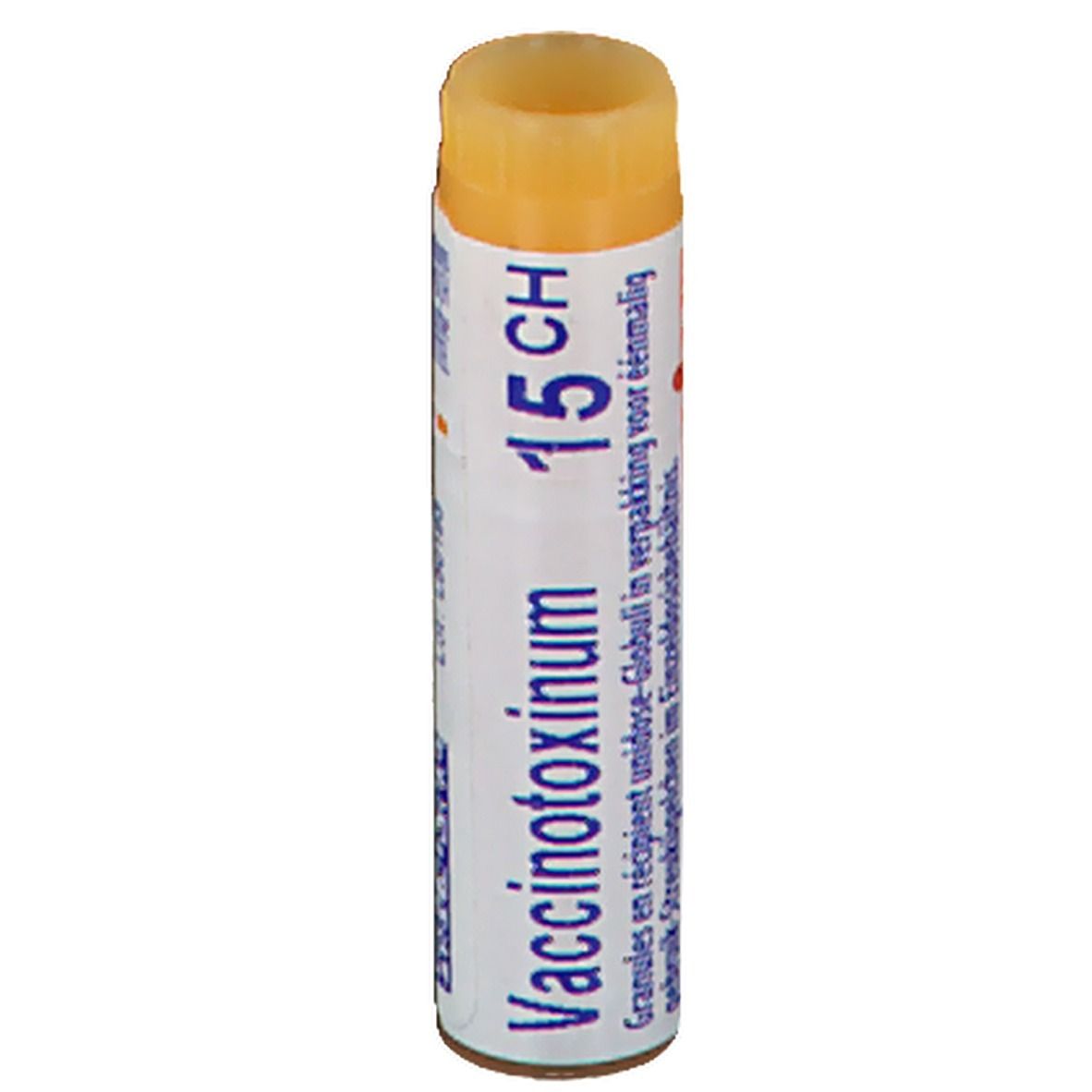 Tube cylindrique avec bouchon jaune. Inscription: Vaccinotoxinum 15 CH.