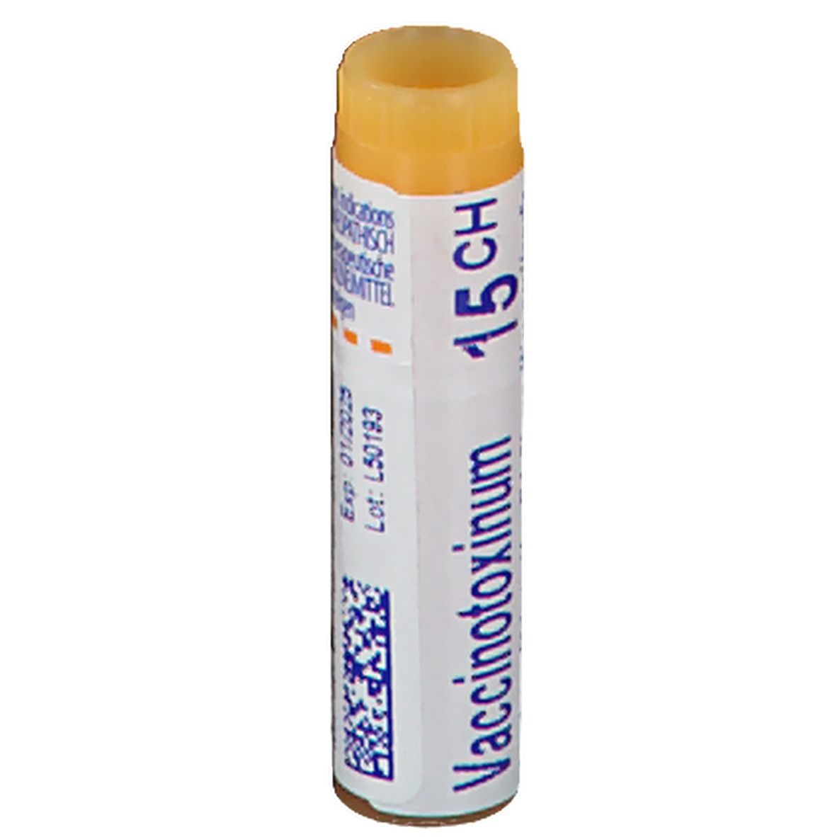 Tube cylindrique avec bouchon jaune. Inscription: Vaccinotoxinum 15 CH. Date de péremption et numéro de lot.