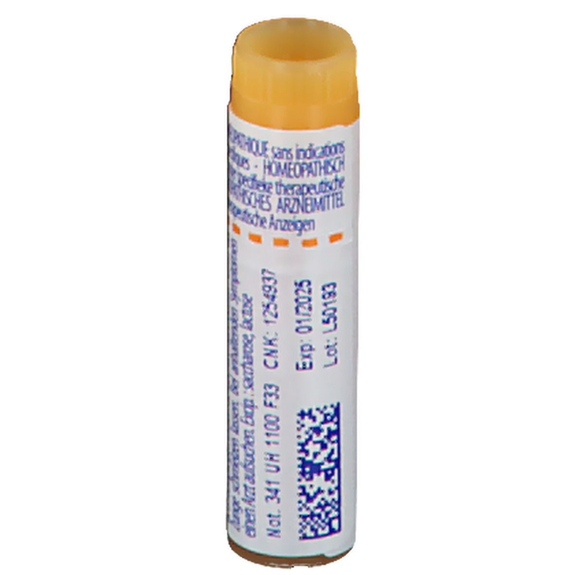 Tube cylindrique avec bouchon jaune. Inscription: HOMEOPATHIQUE. Date de péremption et numéro de lot.