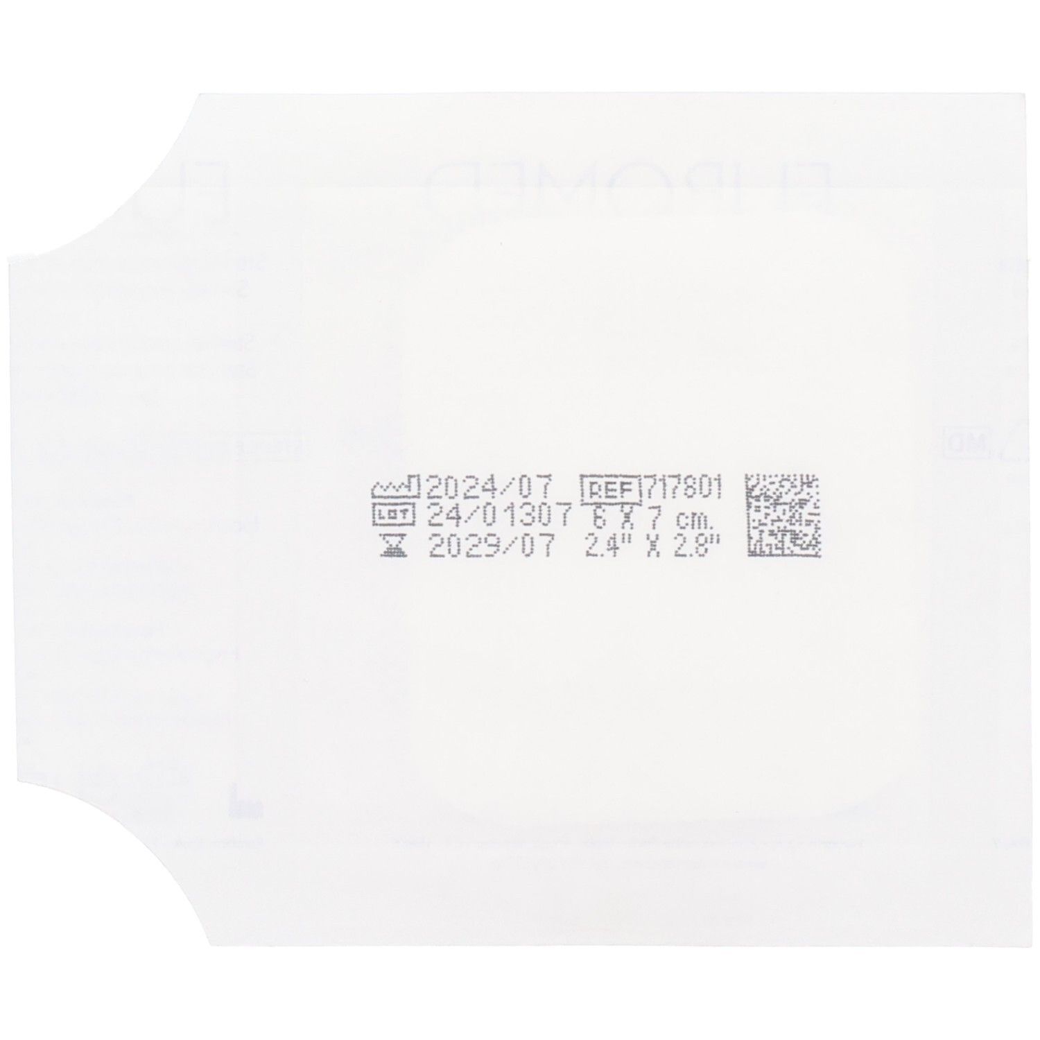 Rückseite der Verpackung von EUROMED Wundverband. Text: REF. 717801, cm 6x7, Chargennummer, Verfallsdatum, Barcode.
