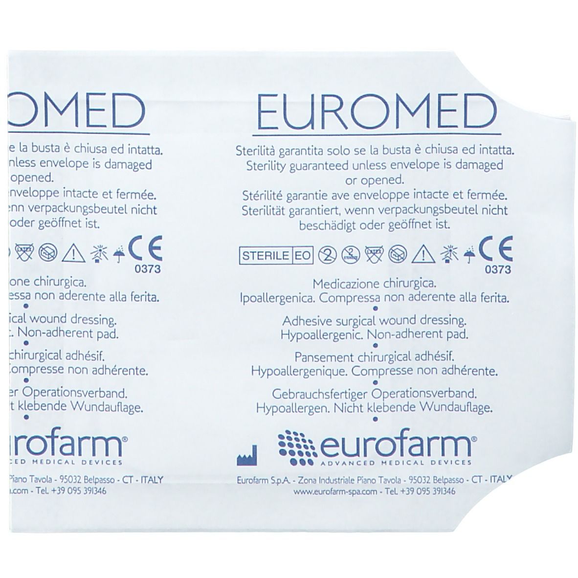 Verpackung von EUROMED Klebender Wundverband. Text: Medizinprodukt, hypoallergen, nicht klebend. CE-Kennzeichnung.