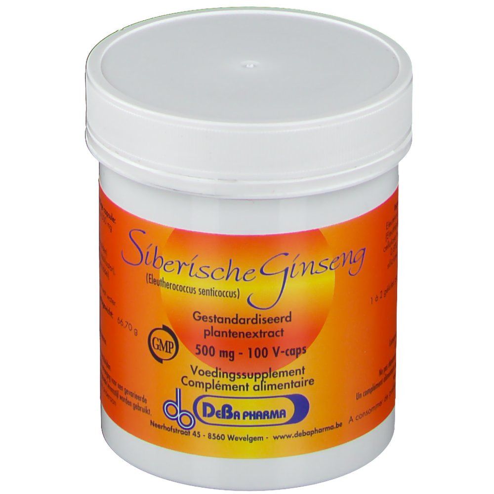Boîte blanche avec étiquette orange. 'Siberische Ginseng', '500 mg - 100 V-caps'. Logo DeBa Pharma.
