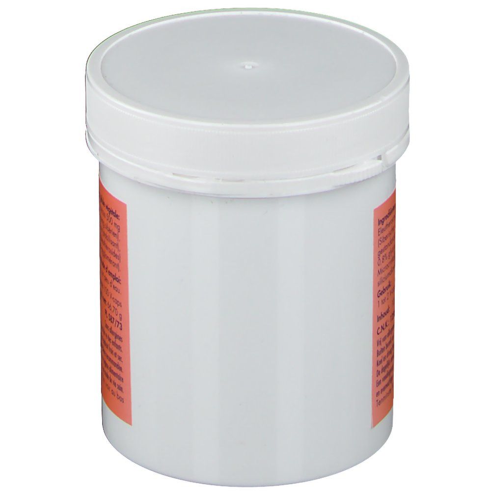 Boîte blanche avec étiquette orange. Texte avec ingrédients et instructions.