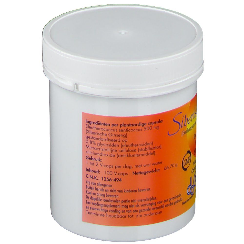 Boîte blanche avec étiquette orange. 'Siberische Ginseng'. Sceau GMP.