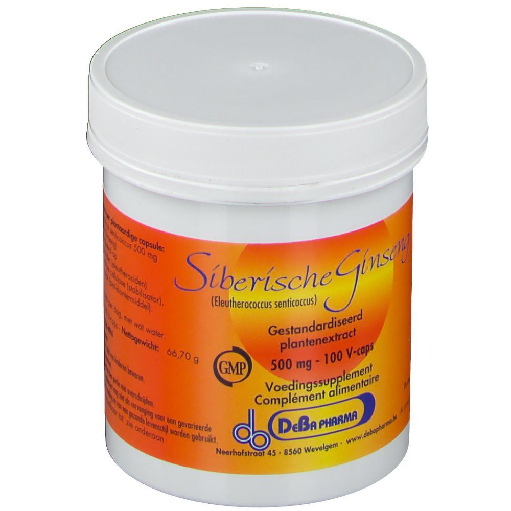 Boîte blanche avec étiquette orange. 'Siberische Ginseng', '500 mg - 100 V-caps'. Logo DeBa Pharma.