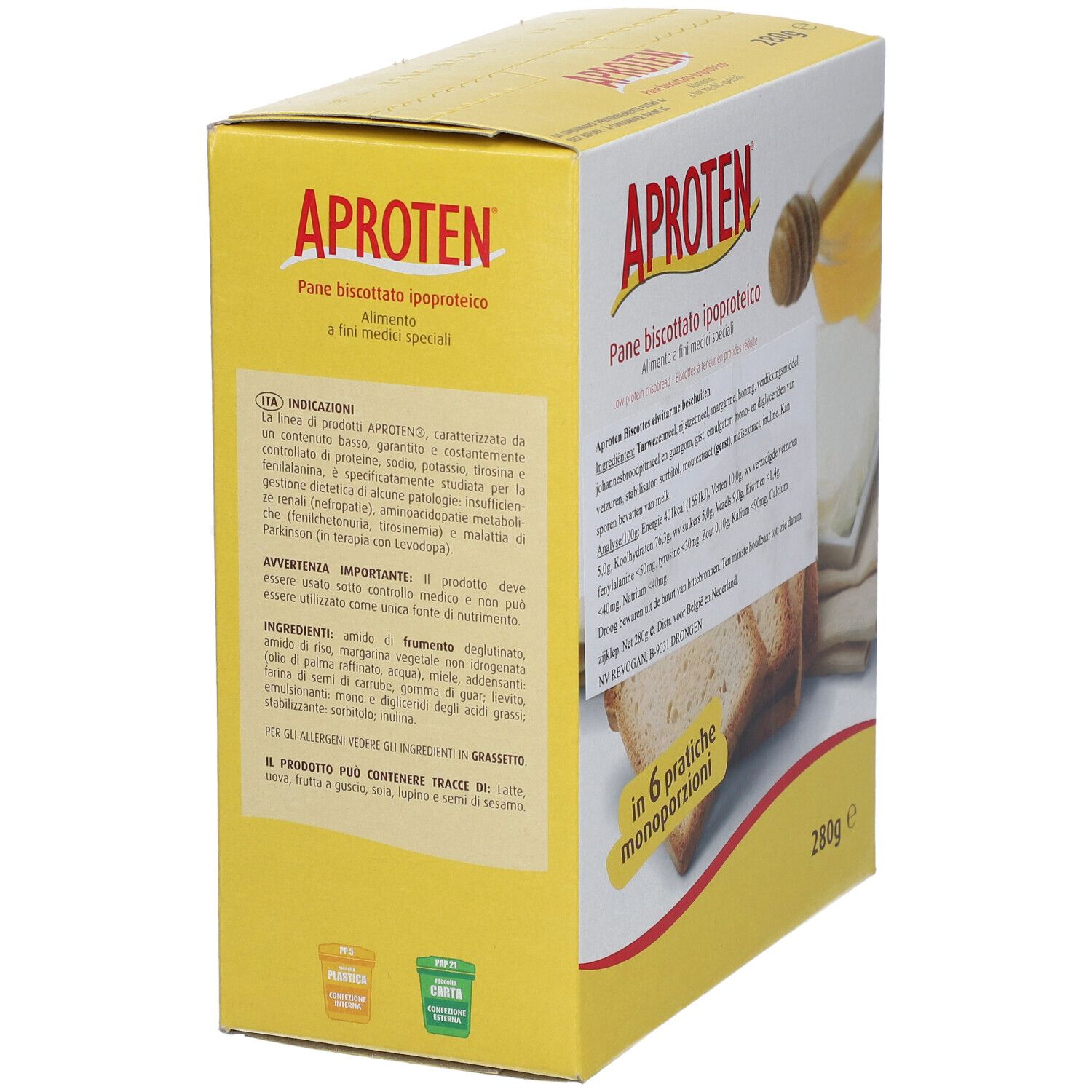 Boîte jaune APROTEN® Zwieback. Inscription: Pane biscotto ipoproteico. Dos avec texte et logos. 280g.