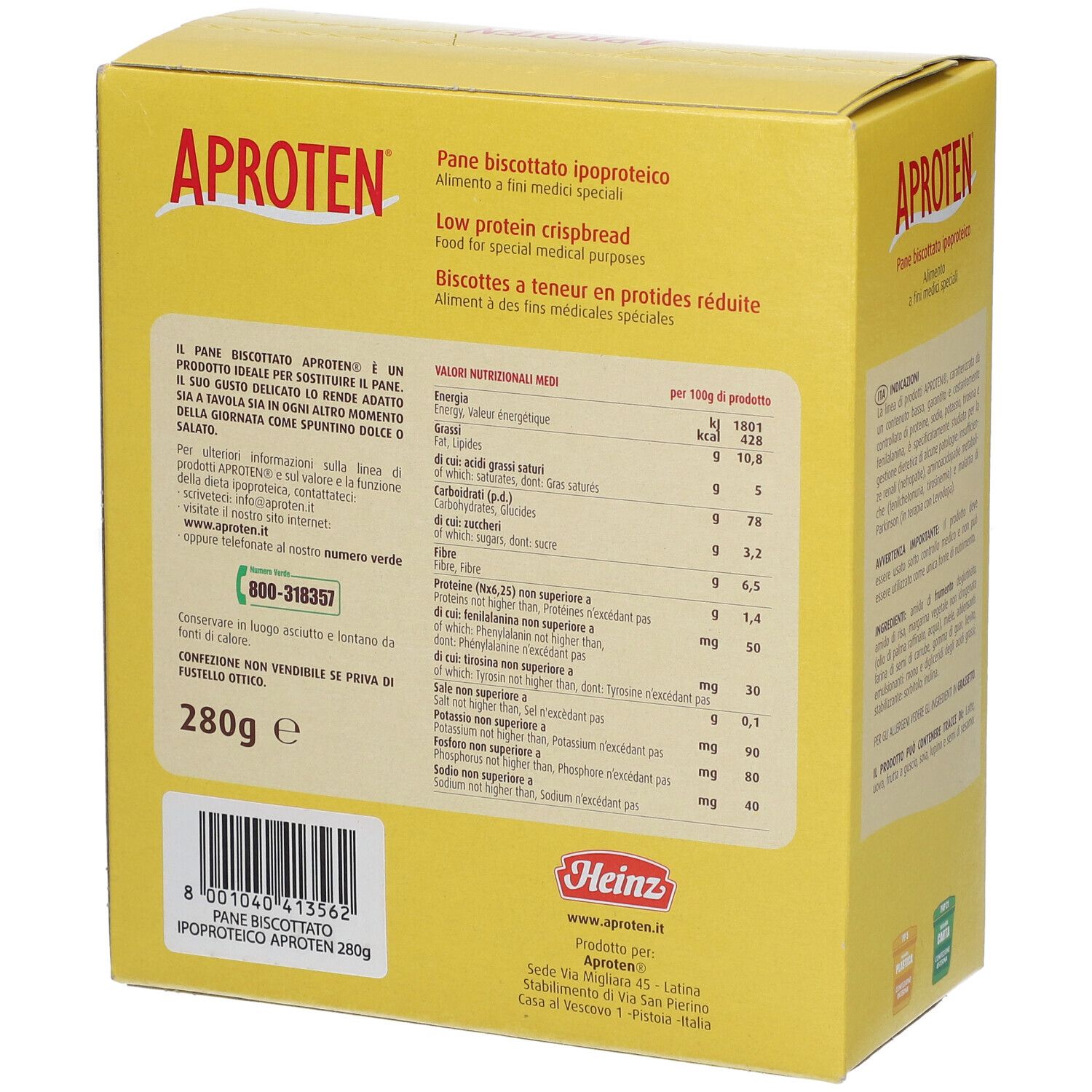 Boîte jaune APROTEN® Zwieback. Inscription: Pane biscotto ipoproteico. Informations nutritionnelles. 280g. Logo Heinz.