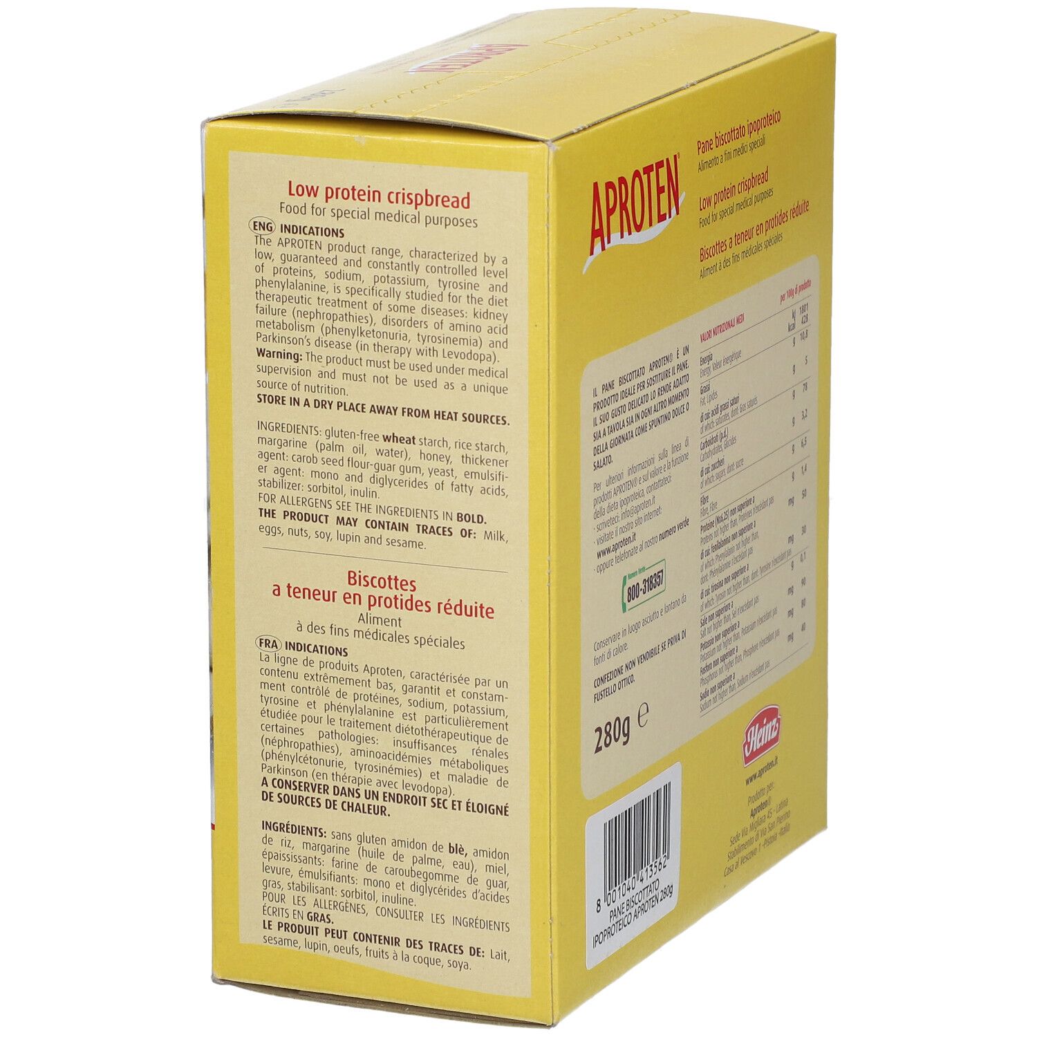 Boîte jaune APROTEN® Zwieback. Inscription: Pane biscotto ipoproteico. Texte en anglais et français. 280g.