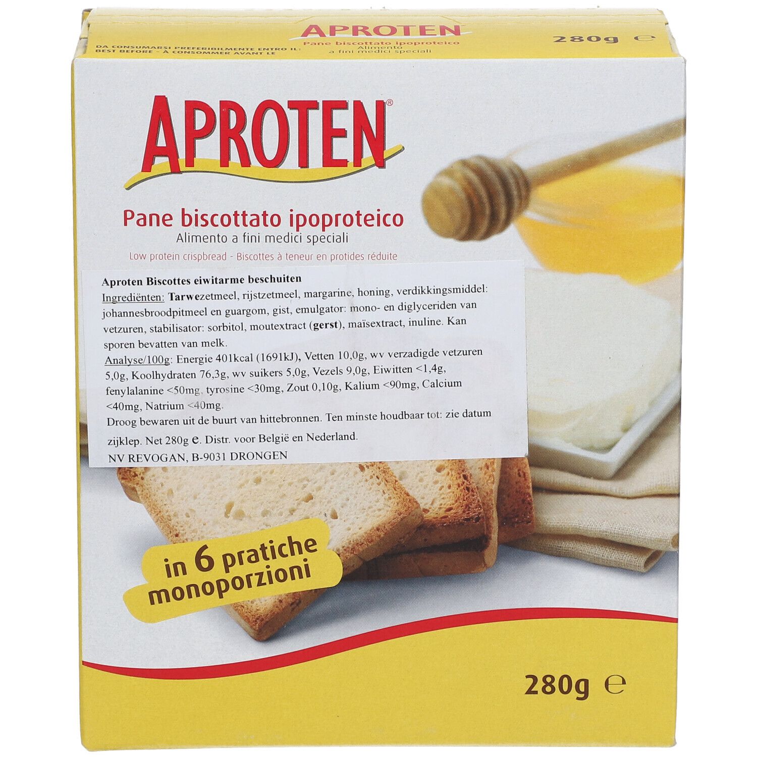 Boîte jaune APROTEN® Zwieback. Inscription: Pane biscotto ipoproteico. Contient 6 portions. Miel et pain grillé illustrés. 280g.