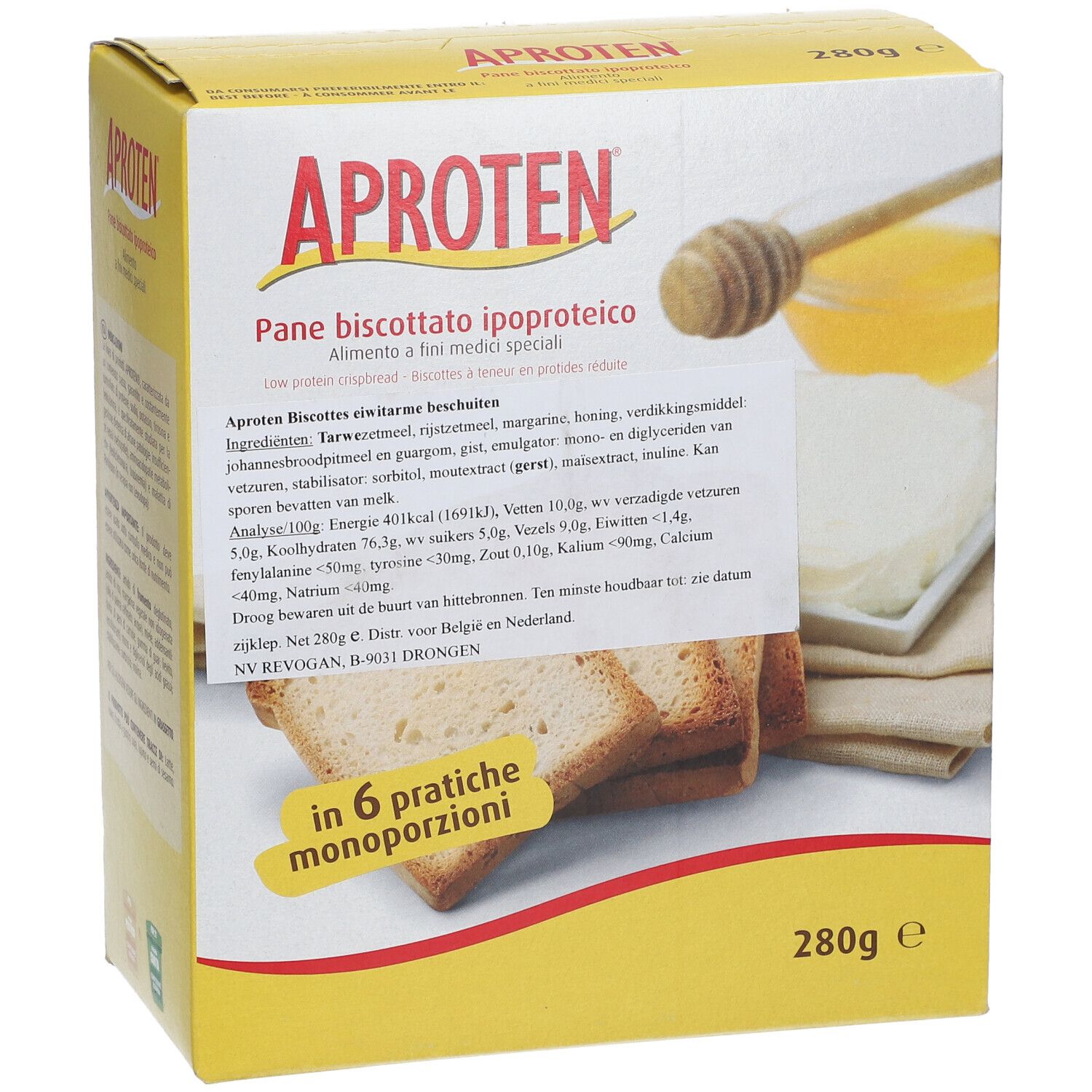 Boîte jaune APROTEN® Zwieback. Inscription: Pane biscotto ipoproteico. Contient 6 portions. Miel et pain grillé illustrés. 280g.
