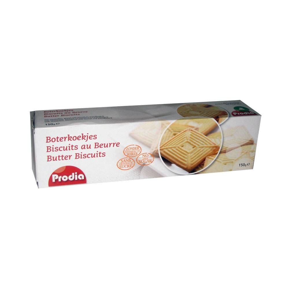 Boîte de biscuits au beurre Prodia. Inscriptions : Boterkoekjes, Biscuits au Beurre, Butter Biscuits. Biscuits carrés en illustration. 150g.