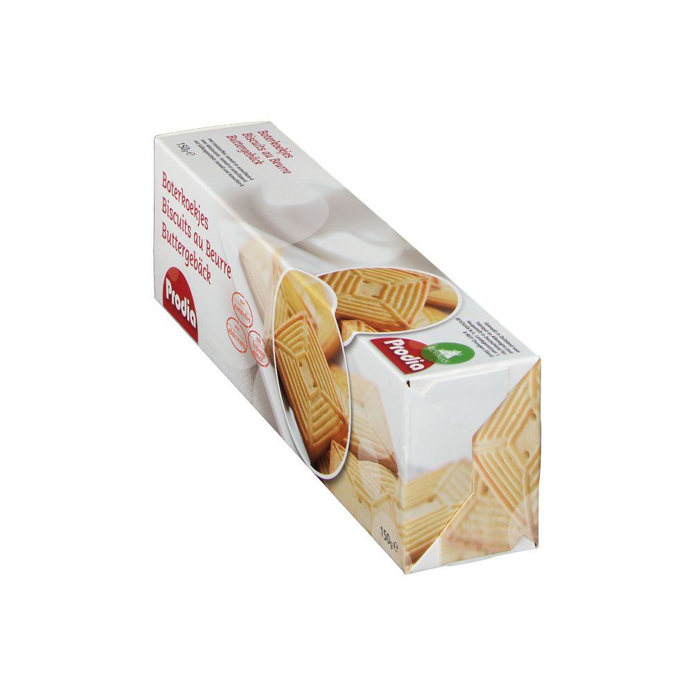 Boîte de biscuits au beurre Prodia. Inscriptions : Boterkoekjes, Biscuits au Beurre, Buttergebäck. Biscuits carrés en illustration. 150g.