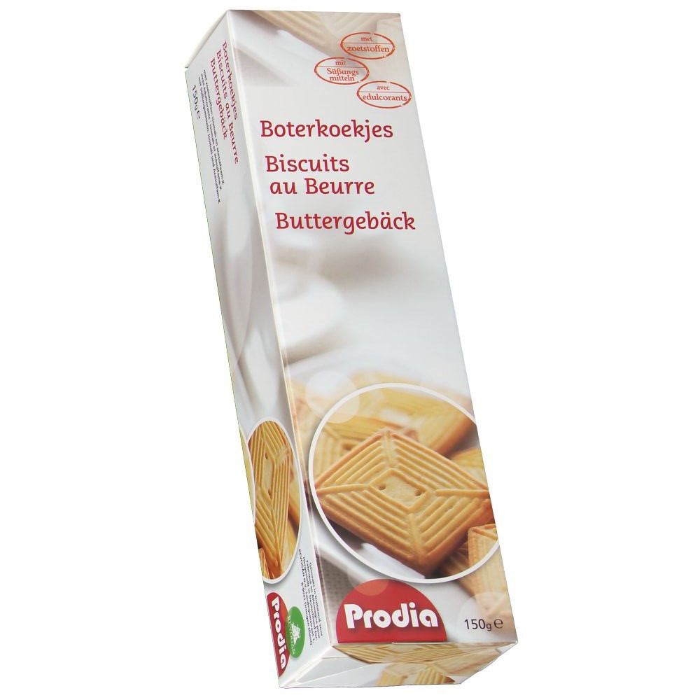 Boîte de biscuits au beurre Prodia. Inscriptions : Boterkoekjes, Biscuits au Beurre, Buttergebäck. Biscuits carrés en illustration. 150g.
