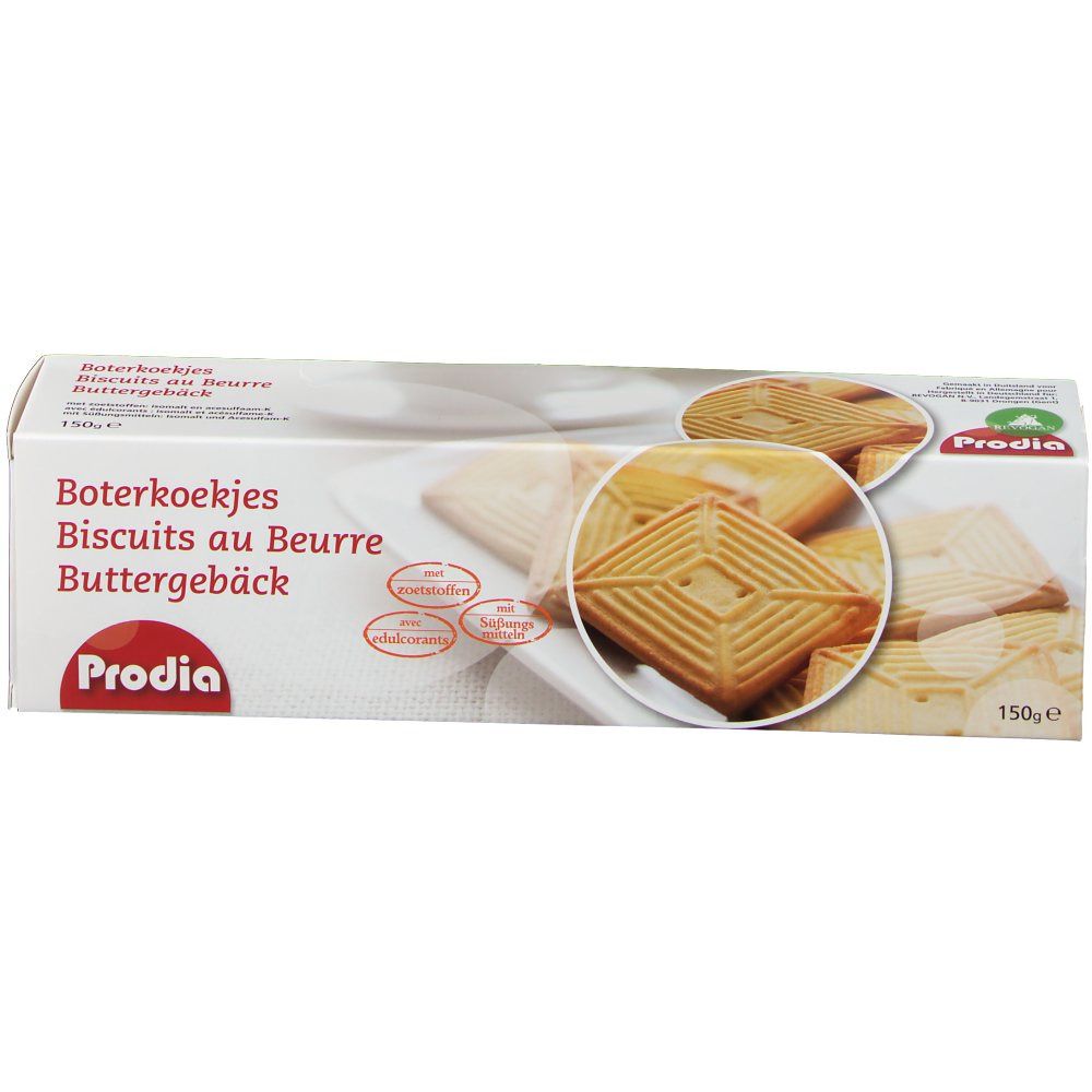 Boîte de biscuits au beurre Prodia. Inscriptions : Boterkoekjes, Biscuits au Beurre, Buttergebäck. Biscuits carrés en illustration. 150g.