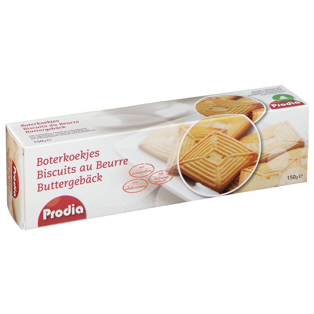 Boîte de biscuits au beurre Prodia. Inscriptions : Boterkoekjes, Biscuits au Beurre, Buttergebäck. Biscuits carrés en illustration. 150g.