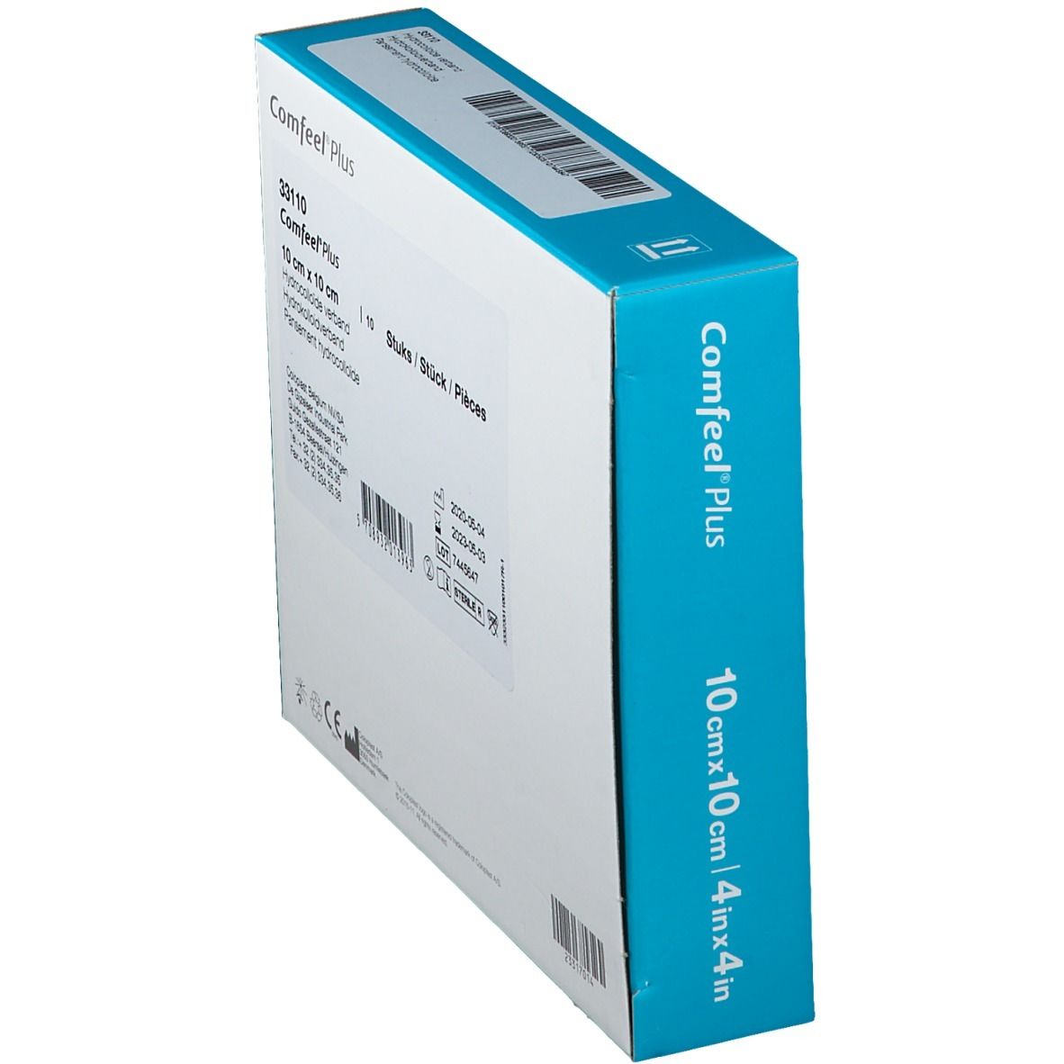 Emballage Comfeel® Plus en biais. Arrière avec informations produit, taille 10x10cm, numéro de lot.