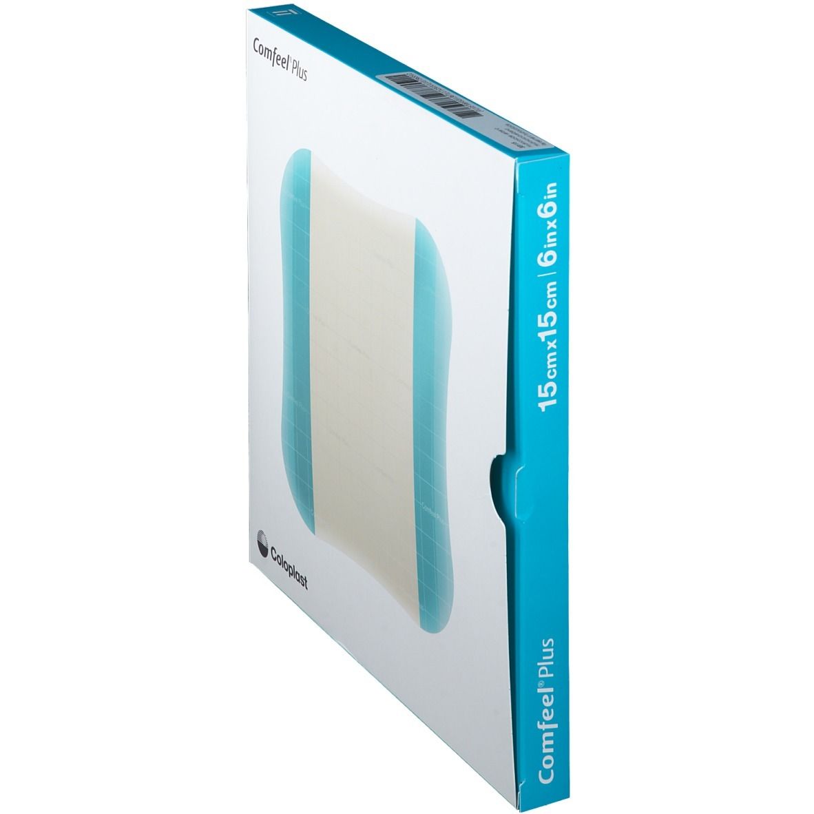 Emballage de pansement, nom du produit et taille 15x15 cm. Marque Coloplast.