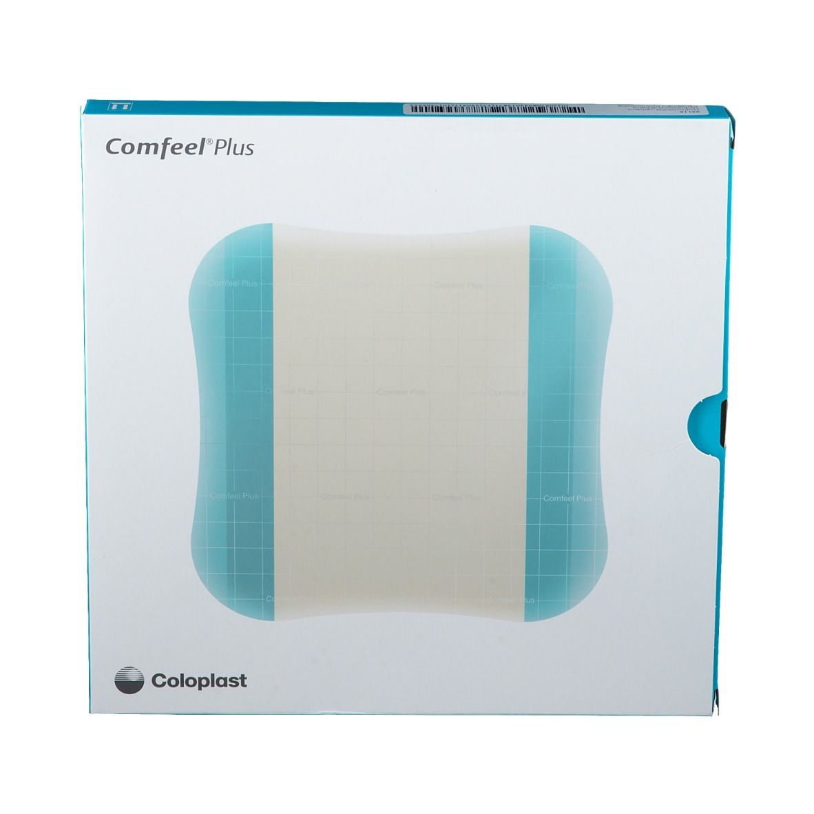 Pansement dans une boîte. Nom du produit et taille 15x15 cm visibles. Marque Coloplast.