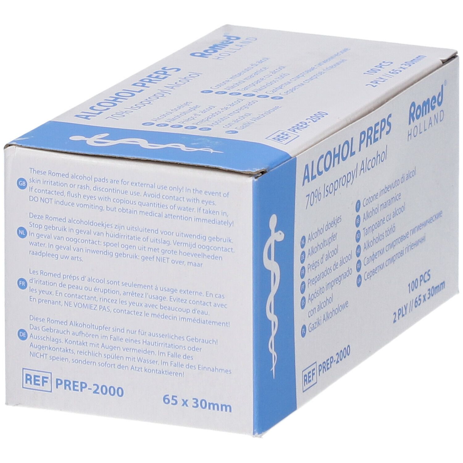 Karton mit Alkoholtupfern. Aufschrift: Alcohol Preps, 70% Isopropyl Alcohol. Marke: Romed Holland. Text in mehreren Sprachen.