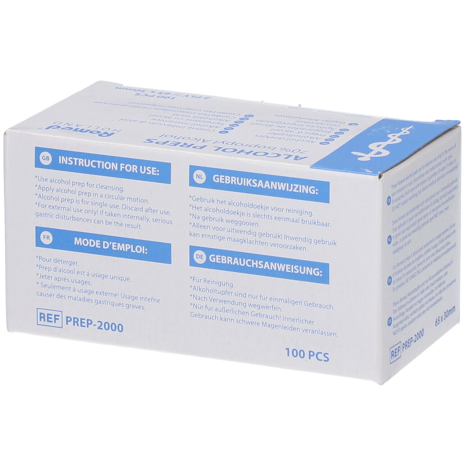 Karton mit Alkoholtupfern. Aufschrift: Alcohol Preps, 70% Isopropyl Alcohol. Marke: Romed Holland. Gebrauchsanweisung in mehreren Sprachen.
