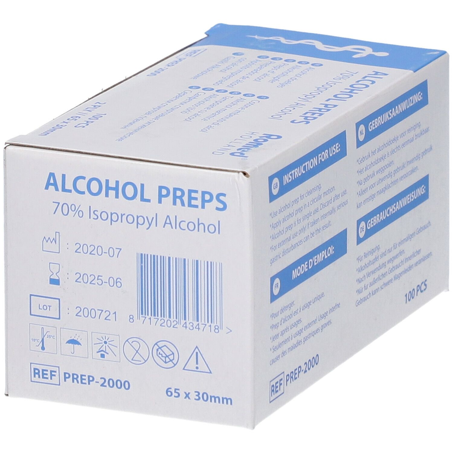 Karton mit Alkoholtupfern. Aufschrift: Alcohol Preps, 70% Isopropyl Alcohol. Marke: Romed Holland. Haltbarkeitsdaten und Warnhinweise.