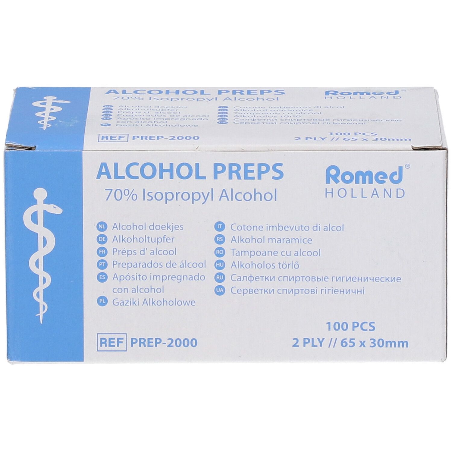 Karton mit Alkoholtupfern. Aufschrift: Alcohol Preps, 70% Isopropyl Alcohol. Marke: Romed Holland. 100 Stück, 65x30mm.