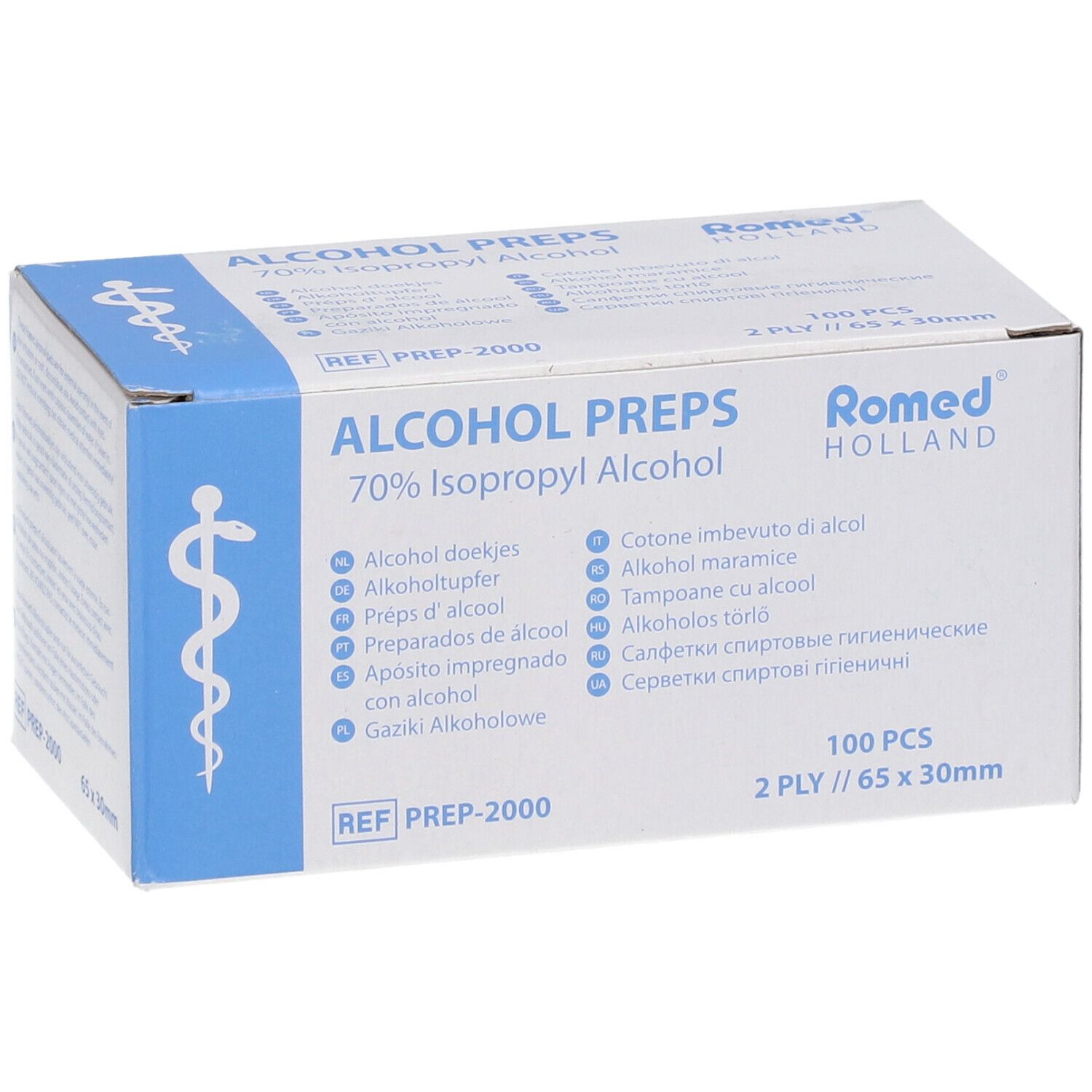 Karton mit Alkoholtupfern. Aufschrift: Alcohol Preps, 70% Isopropyl Alcohol. Marke: Romed Holland. 100 Stück, 65x30mm.