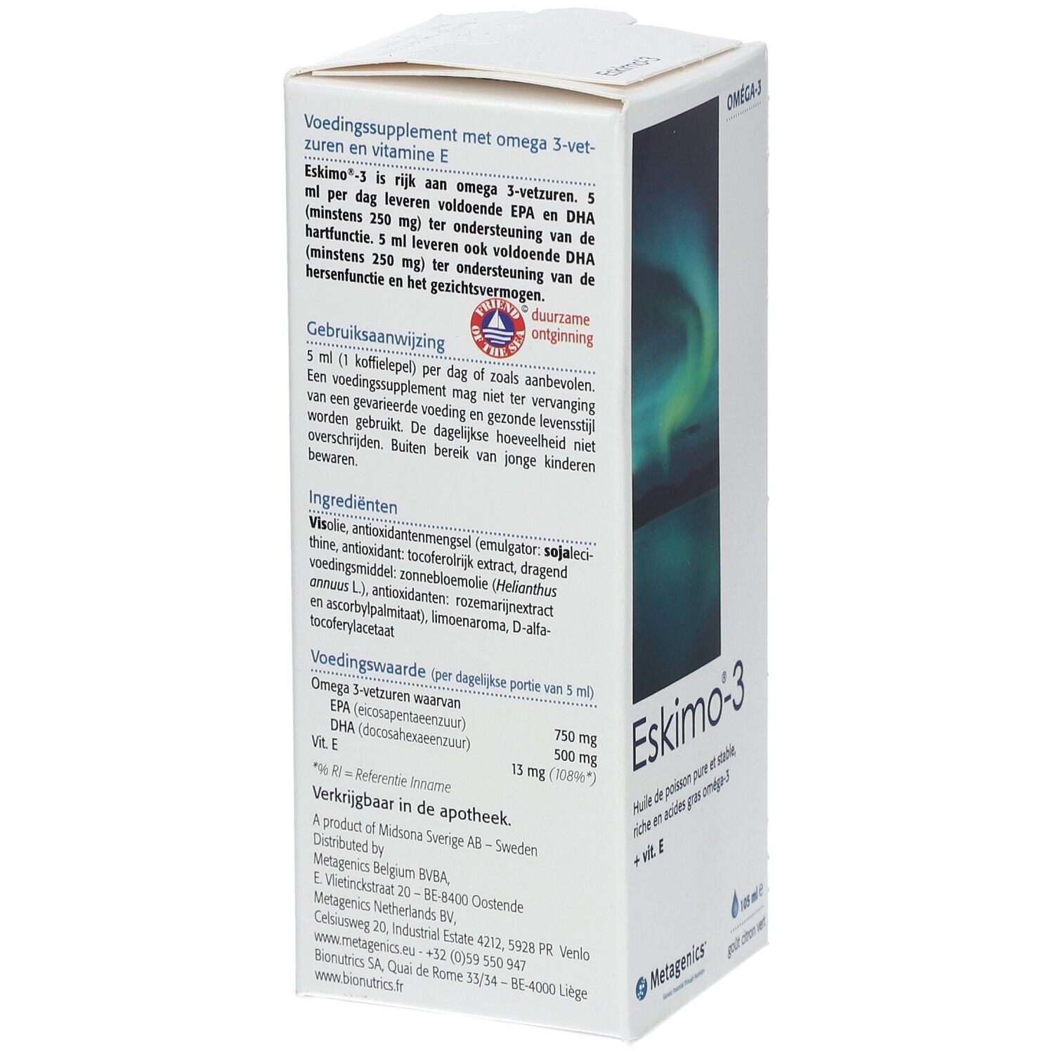 Dos de la boîte Eskimo-3. Contient des informations sur les ingrédients et les valeurs nutritionnelles. Logo Metagenics.