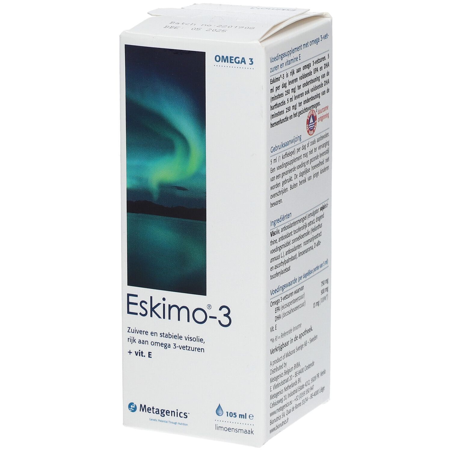 Boîte Eskimo-3. Contient des acides gras oméga-3 et de la vitamine E. Logo Metagenics. 105 ml.